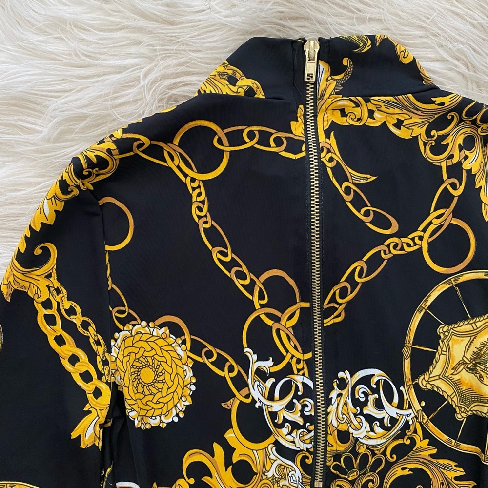 Fashion Nova Black Yellow Gold Chain Print Wide Leg High Status Jumpsuit Gaudy - Picture 12 of 14
